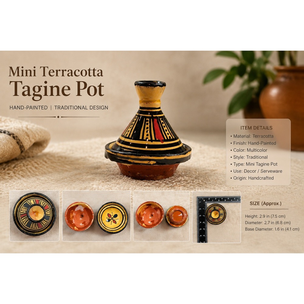 Vintage Hand Painted Moroccan Miniature Tagine Terracotta Pottery Spice Dish 3"